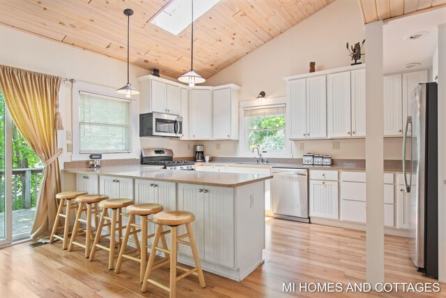2338 Crescent Walk, Macatawa, MI 49434 - kitchen with stainless steel appliances, a sink, a skylight, white cabinets, and light wood-style flooring