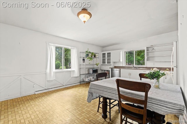 219 Beaver St, Brighton, MI 48116 - dining area with healthy amount of natural light, baseboard heating, and brick patterned floors