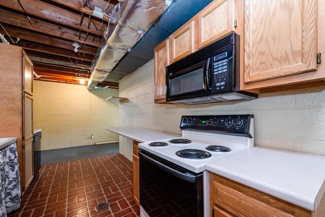 2310 Riverbend Dr, Benton Harbor, MI 49022 - kitchen featuring black appliances, light brown cabinetry, light countertops, and brick patterned flooring