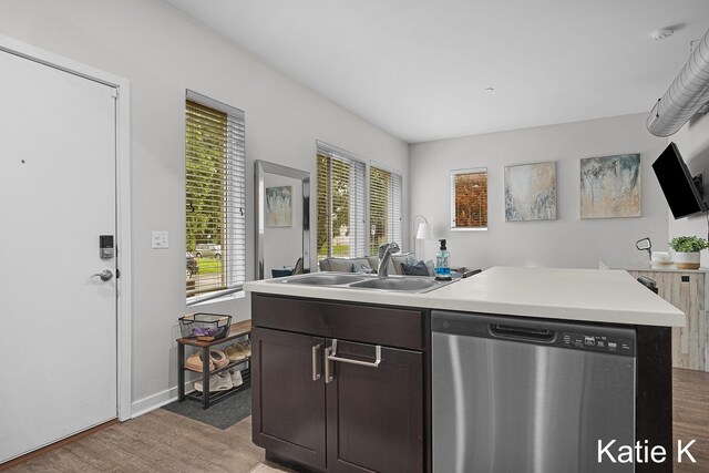 600 Douglas Ave NW Unit 612A, Grand Rapids, MI 49504 - kitchen with stainless steel dishwasher, a sink, light wood-type flooring, dark brown cabinetry, and light countertops