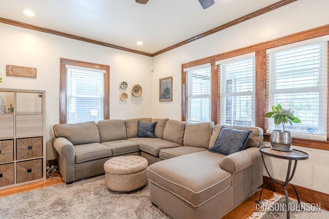 1836 Silver Ave SE, Grand Rapids, MI 49507 - living room with wood finished floors, crown molding, a ceiling fan, and recessed lighting