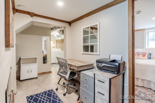 1836 Silver Ave SE, Grand Rapids, MI 49507 - office area featuring washer and clothes dryer, crown molding, and light carpet