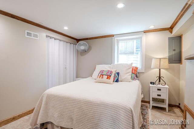 1836 Silver Ave SE, Grand Rapids, MI 49507 - bedroom featuring ornamental molding, carpet, recessed lighting, electric panel, and baseboards