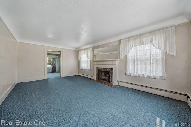 326 W Iroquois Rd, Pontiac, MI 48341 - unfurnished living room with a baseboard radiator, a fireplace with flush hearth, carpet flooring, and baseboards