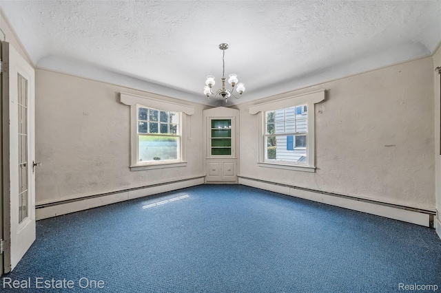 326 W Iroquois Rd, Pontiac, MI 48341 - unfurnished room with baseboard heating, a textured ceiling, a chandelier, and carpet floors