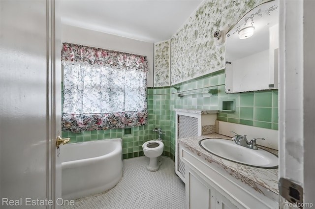 326 W Iroquois Rd, Pontiac, MI 48341 - bathroom featuring tile walls, vanity, wallpapered walls, tile patterned floors, and wainscoting