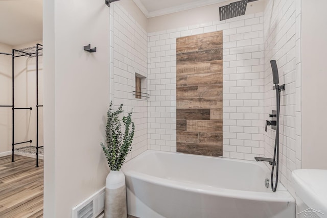 6835 Hackett Rd, Freeland, MI 48623 - full bath with ornamental molding, washtub / shower combination, and wood finished floors