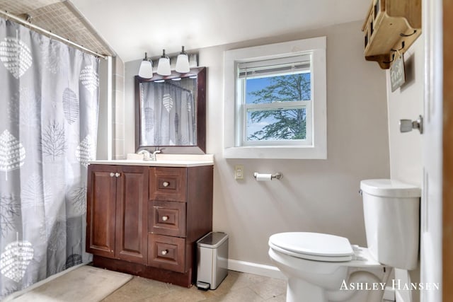12577 Redmond Ave NE, Cedar Springs, MI 49319 - bathroom with toilet, vanity, baseboards, tile patterned floors, and a shower with shower curtain