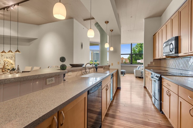 109 W Washington Ave Unit 16, Jackson, MI 49201 - kitchen featuring stainless steel electric range, a sink, black microwave, dishwashing machine, and light wood-style flooring