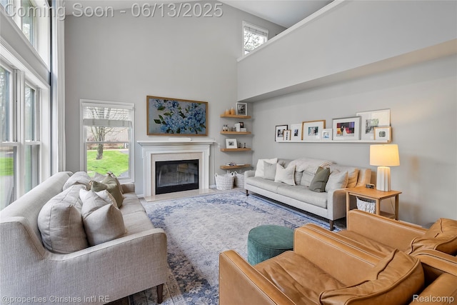 9840 Oak Valley Dr, Clarkston, MI 48348 - living area with a towering ceiling, plenty of natural light, and a glass covered fireplace