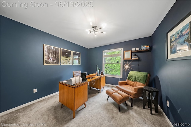9840 Oak Valley Dr, Clarkston, MI 48348 - office with baseboards, a chandelier, and carpet