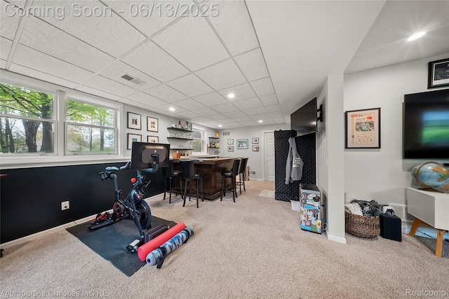 9840 Oak Valley Dr, Clarkston, MI 48348 - workout area featuring a bar, light colored carpet, recessed lighting, and baseboards