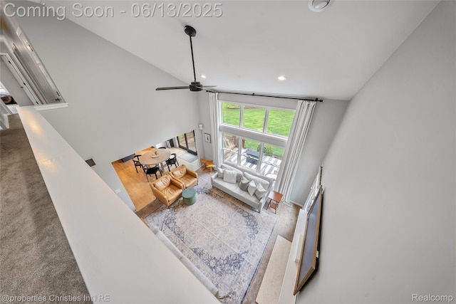 9840 Oak Valley Dr, Clarkston, MI 48348 - living area featuring recessed lighting, a ceiling fan, and carpet flooring