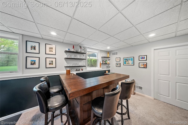 9840 Oak Valley Dr, Clarkston, MI 48348 - indoor dry bar featuring a paneled ceiling, light carpet, recessed lighting, and baseboards