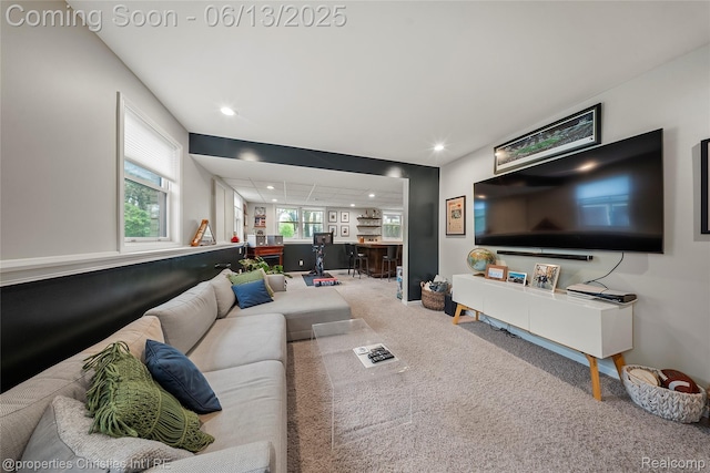 9840 Oak Valley Dr, Clarkston, MI 48348 - living area featuring recessed lighting, carpet flooring, and a bar