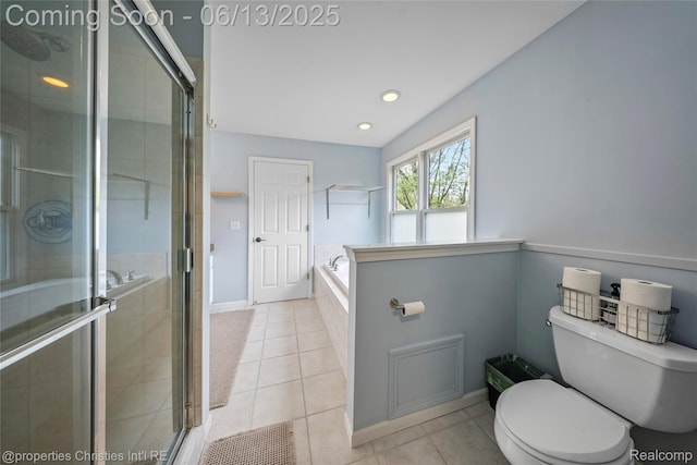 9840 Oak Valley Dr, Clarkston, MI 48348 - full bathroom featuring toilet, a bath, tile patterned floors, a stall shower, and recessed lighting