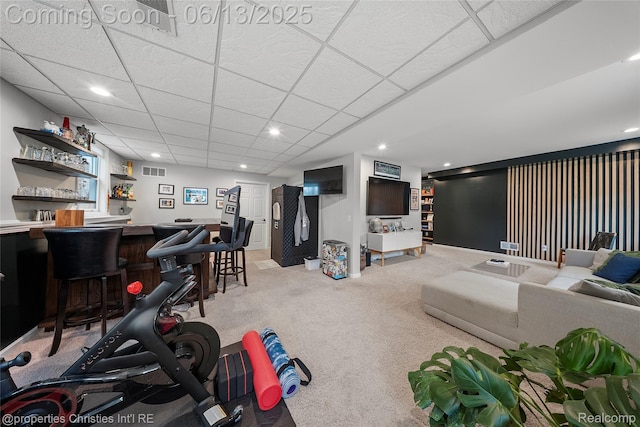 9840 Oak Valley Dr, Clarkston, MI 48348 - living room featuring a bar, light carpet, recessed lighting, and a drop ceiling