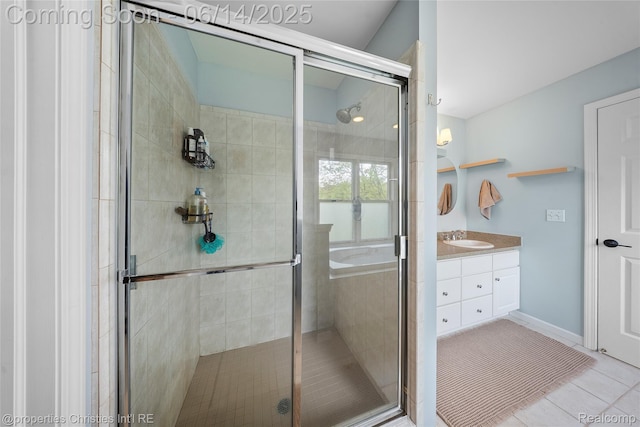 9840 Oak Valley Dr, Clarkston, MI 48348 - bathroom featuring vanity, tile patterned floors, and a shower stall