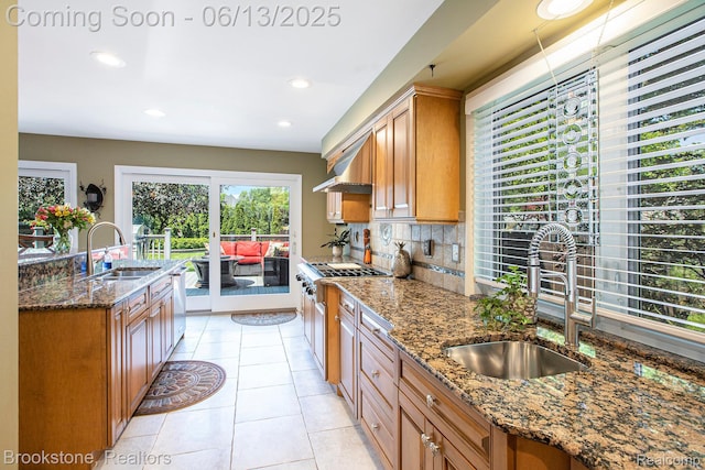 4057 Cypress Dr, Troy, MI 48085 - kitchen with a sink, light tile patterned flooring, dark stone counters, backsplash, and recessed lighting