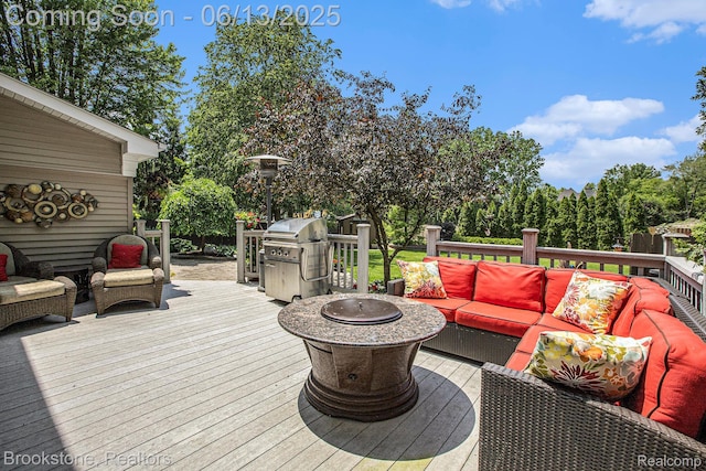 4057 Cypress Dr, Troy, MI 48085 - wooden deck with an outdoor living space with a fire pit and area for grilling