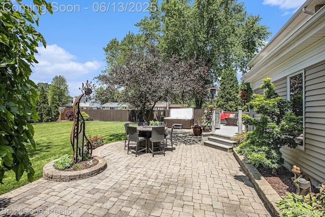 4057 Cypress Dr, Troy, MI 48085 - view of patio featuring a hot tub, outdoor dining area, and a wooden deck