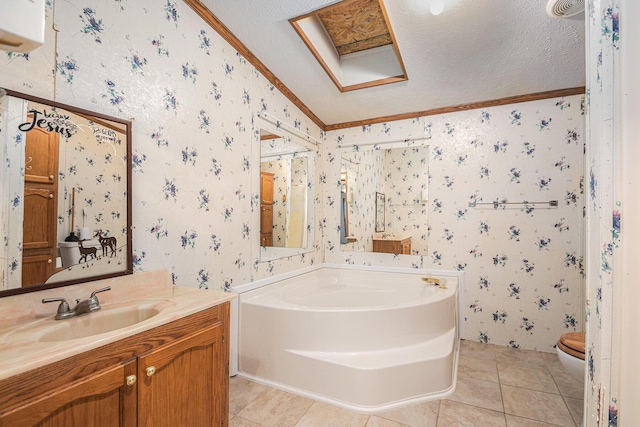67173 Bulhand Rd, Cassopolis, MI 49031 - bathroom featuring wallpapered walls, crown molding, vanity, a bath, and vaulted ceiling