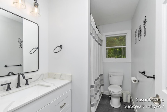 111 W 1st Ave, Plainwell, MI 49080 - bathroom with toilet, vanity, baseboards, tile patterned floors, and a shower with shower curtain