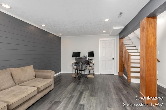 111 W 1st Ave, Plainwell, MI 49080 - home office featuring recessed lighting, wood finished floors, baseboards, wooden walls, and ornamental molding