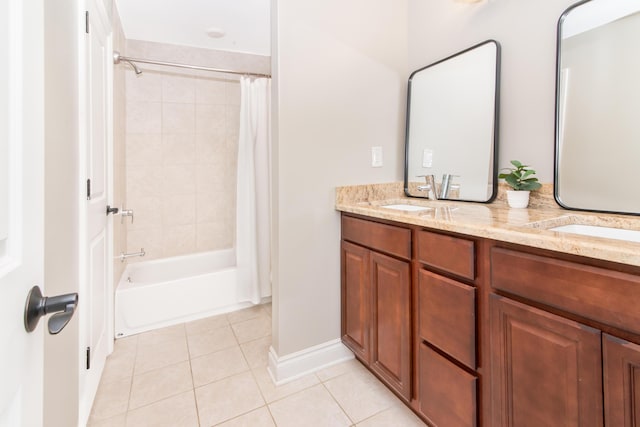 855 S Pontiac Trl Unit A305, Walled Lake, MI 48390 - bathroom with tile patterned floors, double vanity, shower / bath combination with curtain, and baseboards