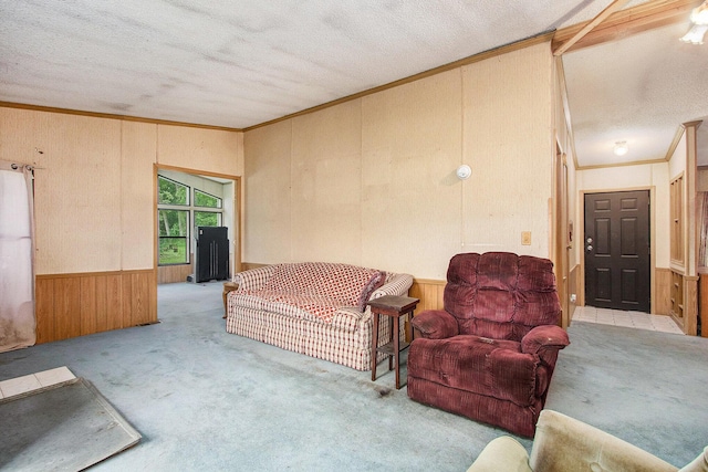 6727 Youngren Rd, Three Oaks, MI 49128 - living room featuring wood walls, carpet, crown molding, a textured ceiling, and a wainscoted wall