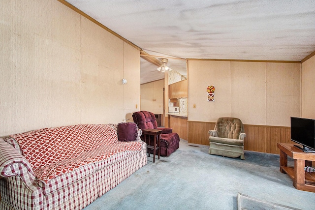 6727 Youngren Rd, Three Oaks, MI 49128 - sitting room featuring wood walls, carpet floors, wainscoting, and crown molding