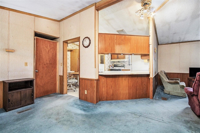 6727 Youngren Rd, Three Oaks, MI 49128 - kitchen with white appliances, carpet floors, wooden walls, a wainscoted wall, and a textured ceiling