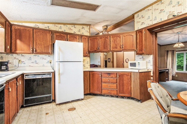 6727 Youngren Rd, Three Oaks, MI 49128 - kitchen with white appliances, wallpapered walls, brown cabinetry, light floors, and ornamental molding
