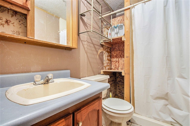 6727 Youngren Rd, Three Oaks, MI 49128 - bathroom featuring toilet, a textured ceiling, vanity, and a shower with shower curtain