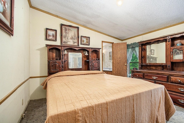 6727 Youngren Rd, Three Oaks, MI 49128 - bedroom with ornamental molding, vaulted ceiling, carpet flooring, and a textured ceiling