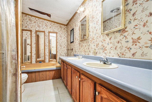 6727 Youngren Rd, Three Oaks, MI 49128 - bathroom with crown molding, wallpapered walls, vaulted ceiling, toilet, and a bath