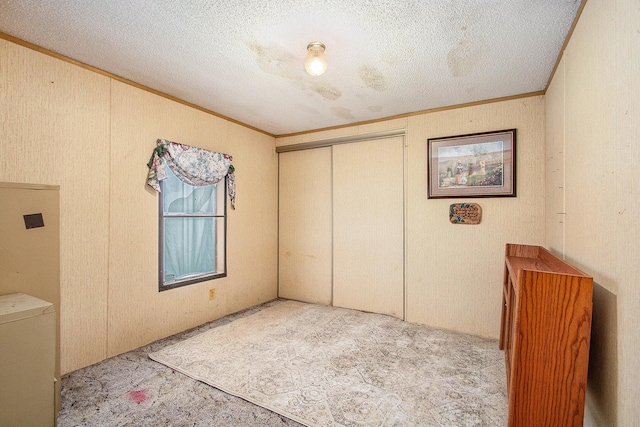 6727 Youngren Rd, Three Oaks, MI 49128 - unfurnished bedroom with carpet, a closet, ornamental molding, and a textured ceiling