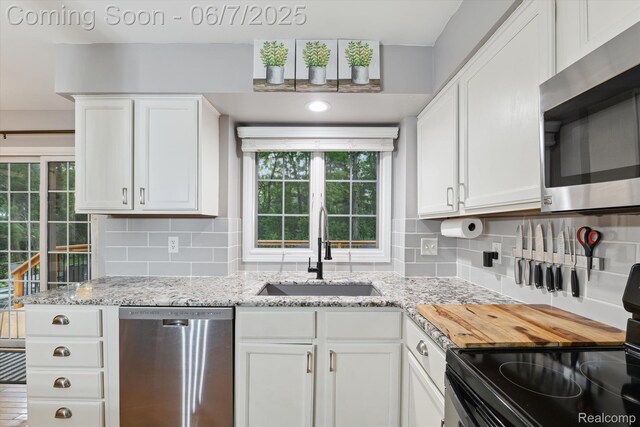 3753 Rolling Hills Rd, Lake Orion, MI 48359 - kitchen with appliances with stainless steel finishes, a sink, white cabinetry, and tasteful backsplash