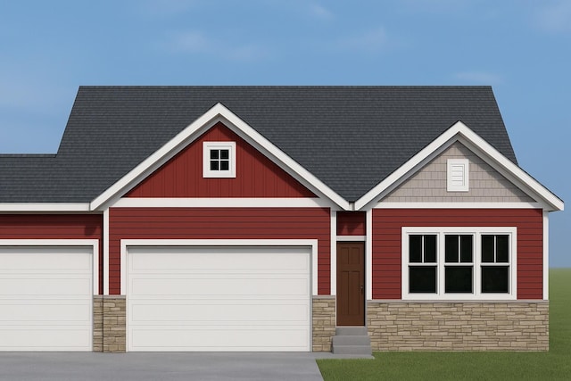 6218 Sturgeon Run, Muskegon, MI 49444 - craftsman inspired home featuring stone siding, a garage, concrete driveway, and board and batten siding