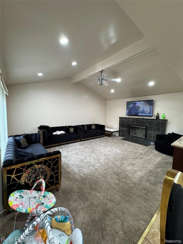 35715 Maureen Dr, Sterling Heights, MI 48310 - living area featuring a fireplace, carpet flooring, recessed lighting, and ceiling fan