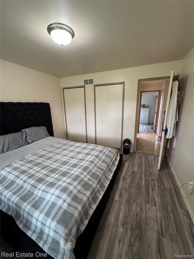 35715 Maureen Dr, Sterling Heights, MI 48310 - bedroom featuring two closets, dark wood-style floors, and baseboards