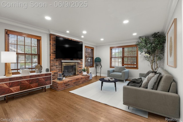 300 S Melborn St, Dearborn, MI 48124 - living room featuring ornamental molding, wood finished floors, recessed lighting, a fireplace, and baseboards