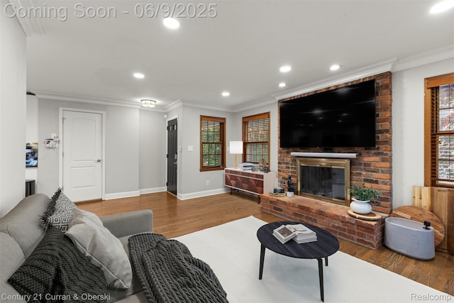 300 S Melborn St, Dearborn, MI 48124 - living area with wood finished floors, healthy amount of natural light, recessed lighting, crown molding, and a brick fireplace