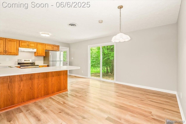 22850 Sumpter Rd, Belleville, MI 48111 - kitchen with stainless steel electric range, freestanding refrigerator, under cabinet range hood, a sink, and light countertops