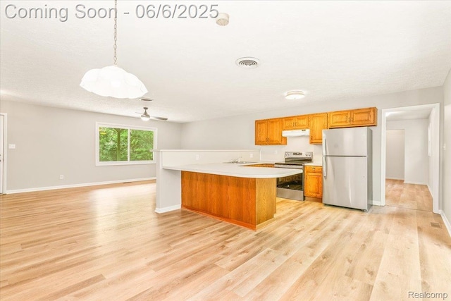 22850 Sumpter Rd, Belleville, MI 48111 - kitchen featuring stainless steel appliances, under cabinet range hood, light countertops, light wood finished floors, and a ceiling fan