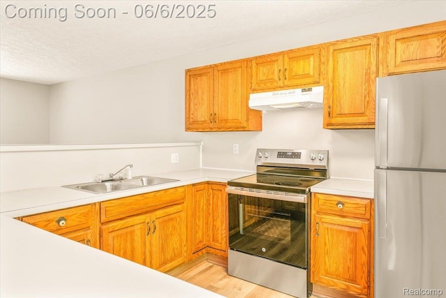 22850 Sumpter Rd, Belleville, MI 48111 - kitchen with freestanding refrigerator, under cabinet range hood, stainless steel electric range oven, a sink, and light countertops