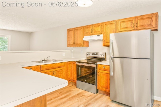 22850 Sumpter Rd, Belleville, MI 48111 - kitchen with stainless steel appliances, a sink, under cabinet range hood, light countertops, and a textured ceiling