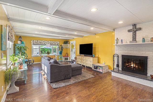 813 Birchwood Dr, Flushing, MI 48433 - living area with wood finished floors, baseboards, a fireplace, beam ceiling, and recessed lighting