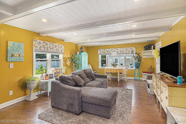 813 Birchwood Dr, Flushing, MI 48433 - living room with baseboards, wood ceiling with exposed beams, wood finished floors, recessed lighting, and crown molding