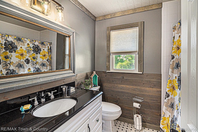 813 Birchwood Dr, Flushing, MI 48433 - full bathroom featuring vanity, wainscoting, toilet, wooden walls, and curtained shower